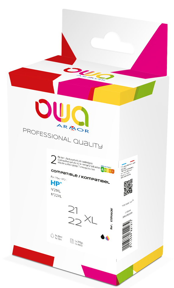 White box packaging featuring vibrant colors in pink, yellow, and cyan, labeled "Armor" and "PROFESSIONAL QUALITY," with details on compatible ink cartridges for HP printers.