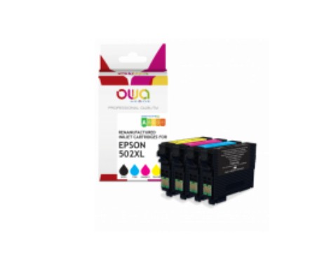 Four compatible ink cartridges in black, cyan, magenta, and yellow, packaged in a colorful box labeled "Armor K10608OW" for Epson 502XL.
