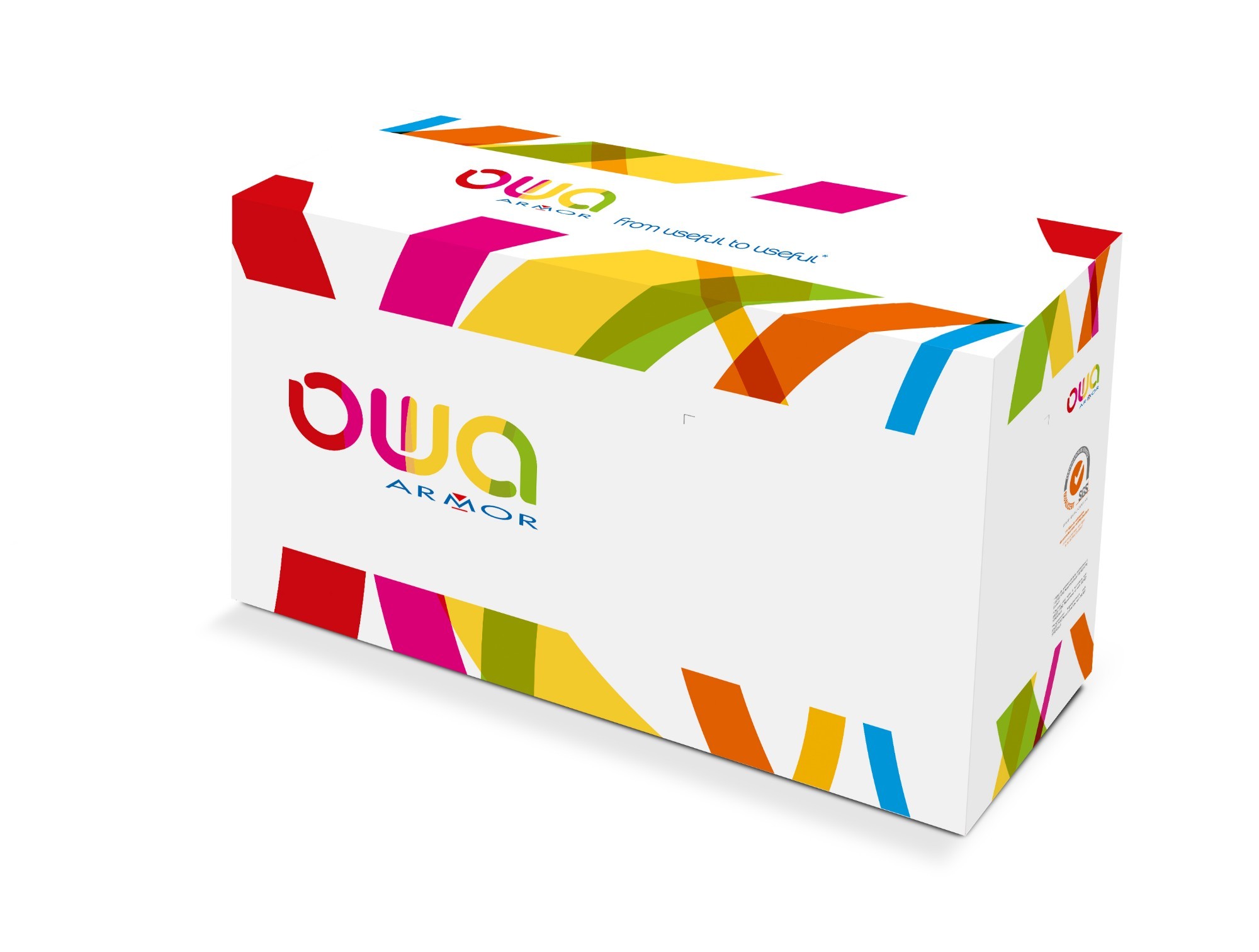 White box with colorful geometric patterns, featuring the "OWA" logo and "ARMOR" branding, containing four compatible ink cartridges in black, cyan, and magenta.