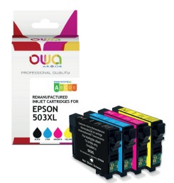 Black ink cartridge set featuring four cartridges with a high yield, packaged in a colorful box labeled "Armor K10633OW," compatible with Epson printers.