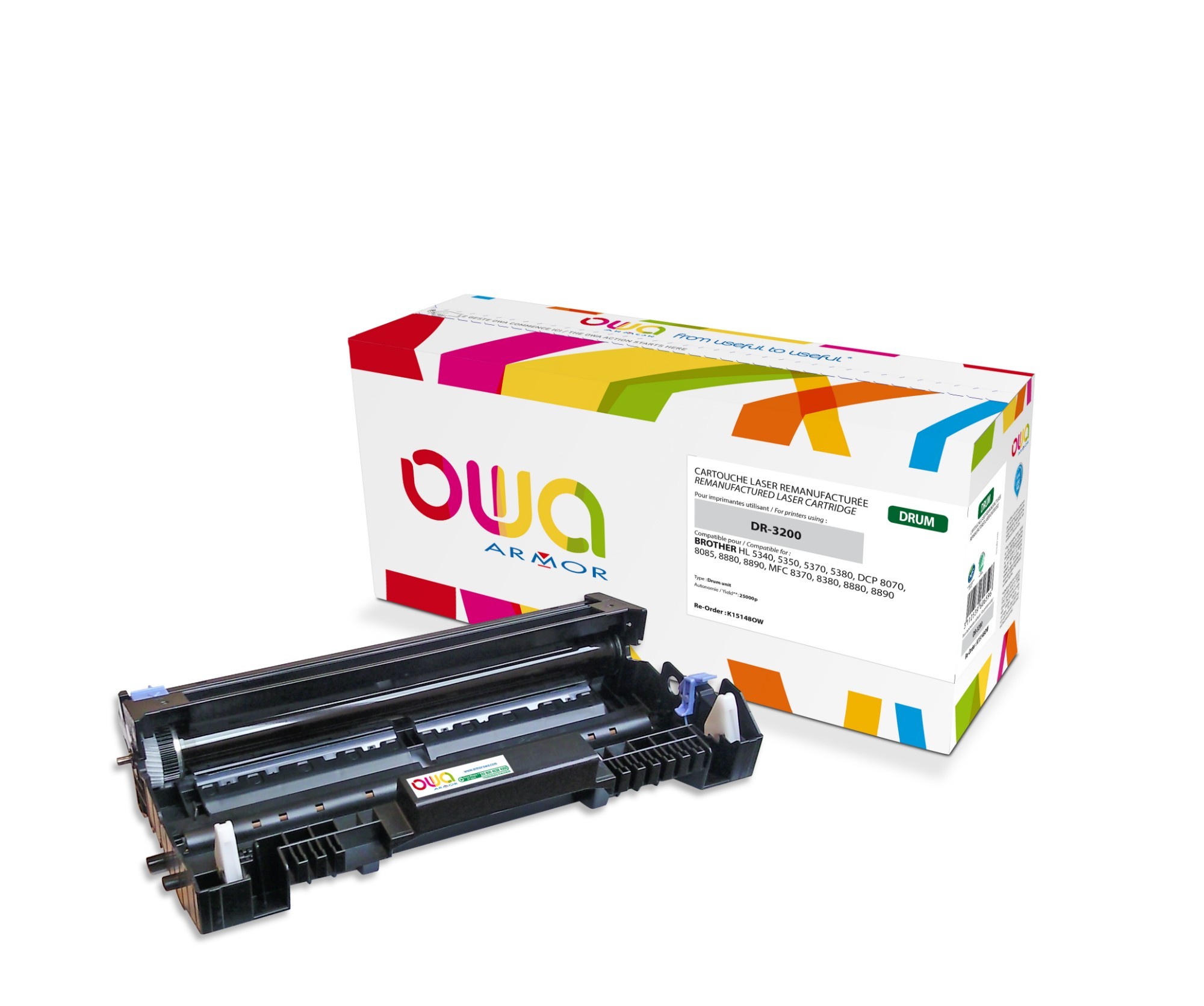 Black printer drum with a glossy finish, featuring a compact design, placed beside a colorful box labeled "Armor K15148OW" with clear product details and branding.