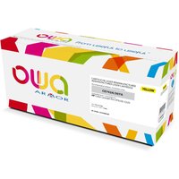 Colorful box of Armor K15586OW yellow toner cartridge with OWA branding and vibrant geometric design.