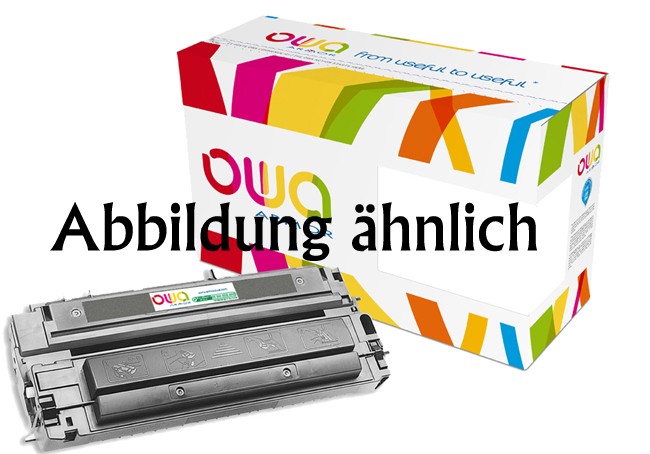 Black toner cartridge with a gray casing, featuring a green label, placed beside a colorful, geometric-patterned box labeled "Armor K15589OW."