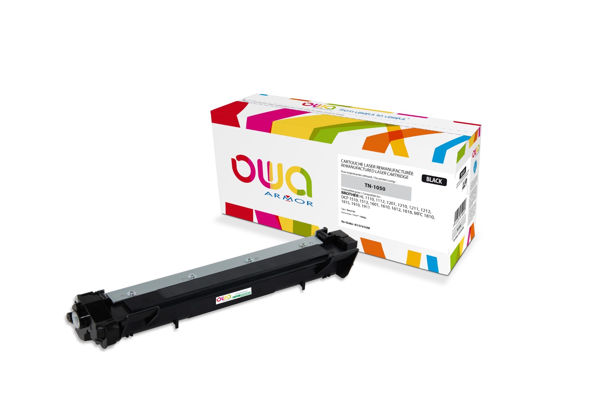 Black toner cartridge by Armor, model K15741OW, features a sleek design with a silver strip, accompanied by a colorful box displaying the brand and product details.