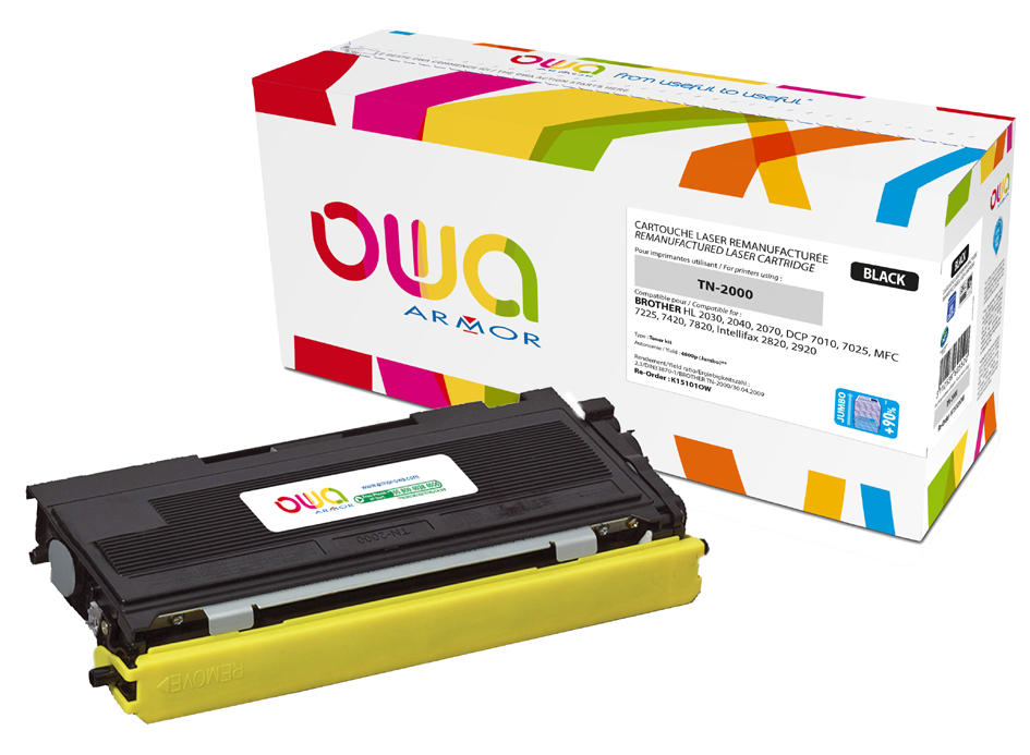 Black toner cartridge with a yellow base, labeled "Armor K15964OW," beside a colorful box featuring the brand name "Armor" and product details.