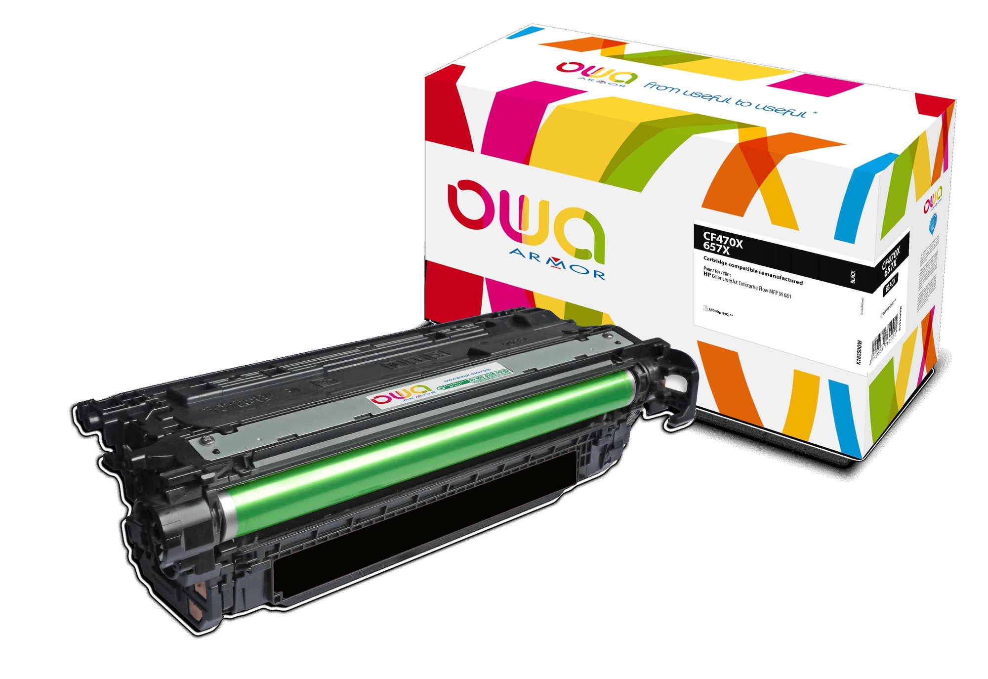 Compatible black toner cartridge with a green drum, packaged in a colorful box featuring bold geometric patterns and the Armor logo.