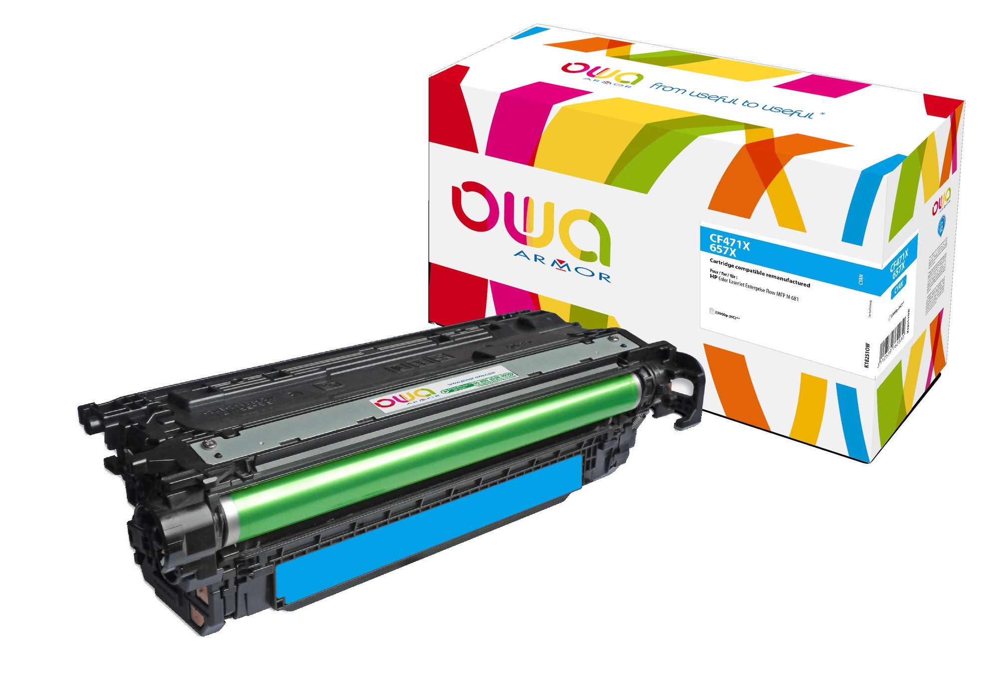 Compatible cyan toner cartridge with a black casing and a bright green drum, accompanied by a colorful box featuring the Armor logo and product information.