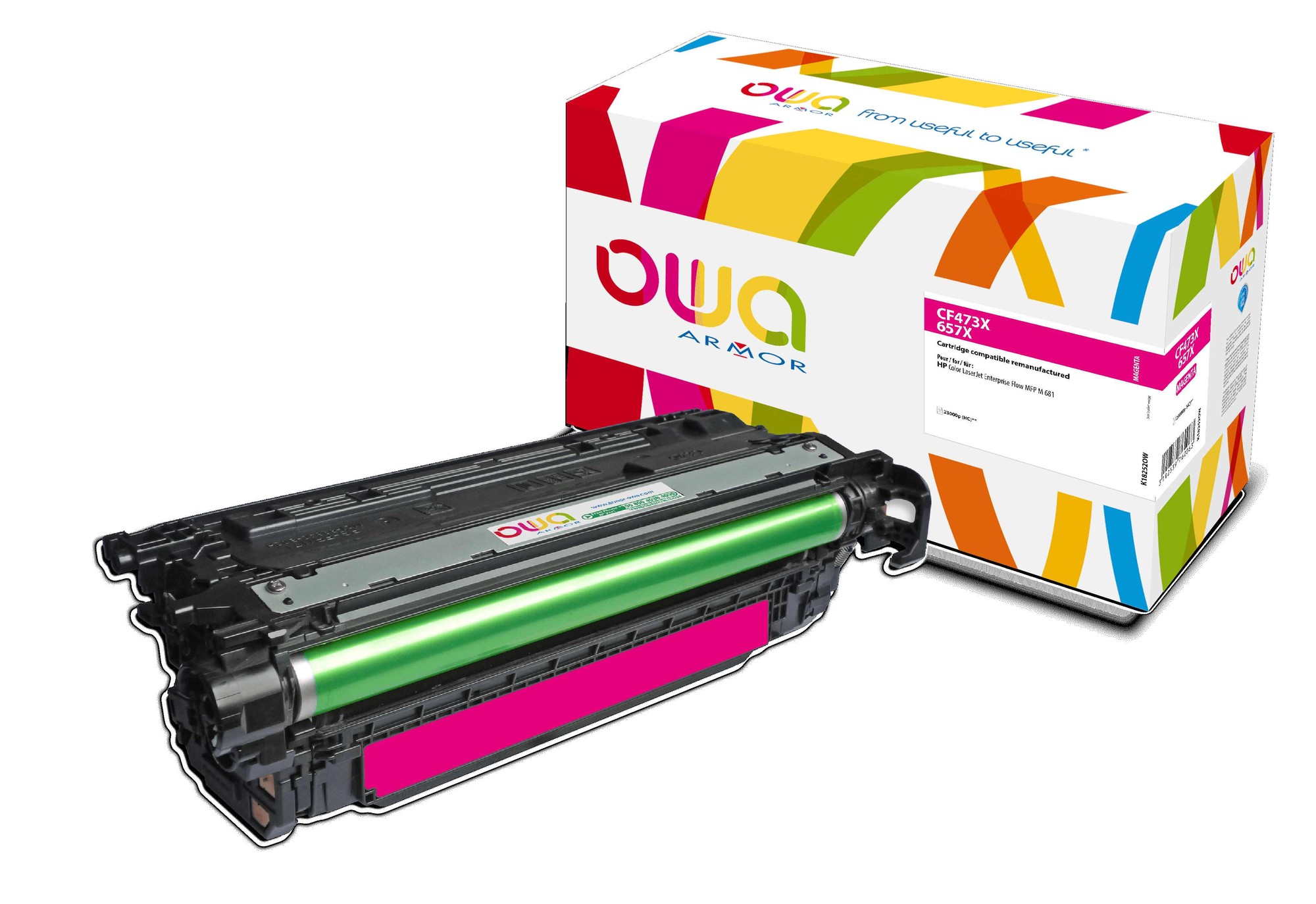 Compatible magenta toner cartridge with a green drum and a bright pink label, alongside a colorful box featuring the Armor logo and product details.