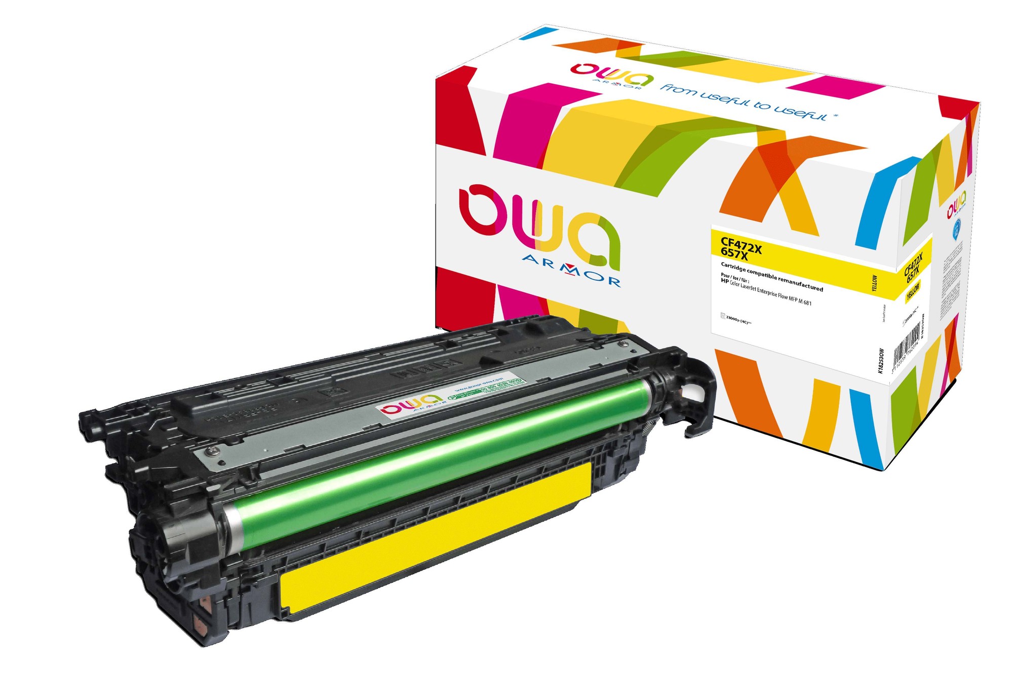 Compatible yellow toner cartridge by Armor with a vibrant green drum and a bright yellow label, accompanied by a colorful box featuring the Armor logo and design.