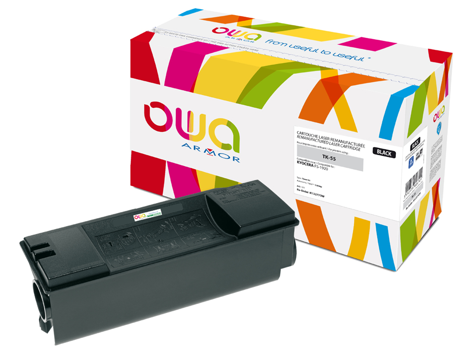 Black toner cartridge with a sleek design, featuring a textured top, placed beside a colorful box labeled "OWA Armor" with vibrant geometric patterns.