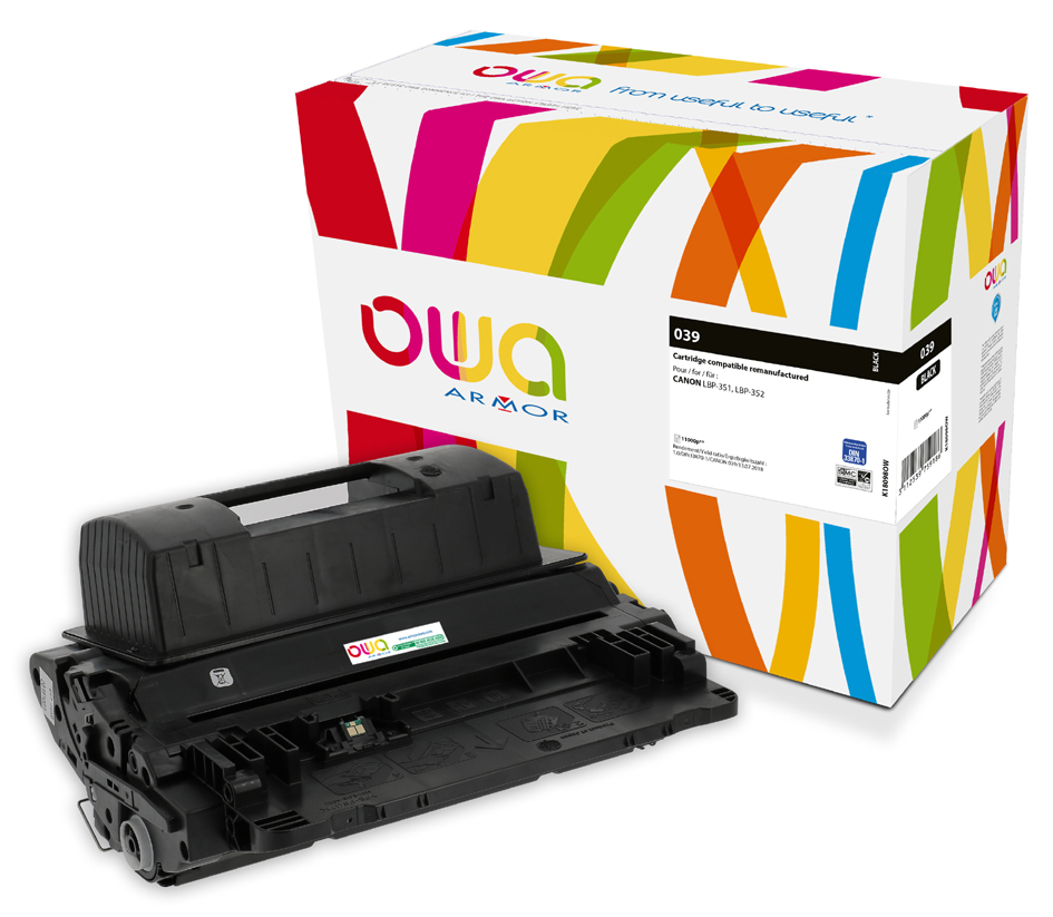 Black toner cartridge with a sleek design, accompanied by a colorful packaging box featuring vibrant stripes and the Armor logo.