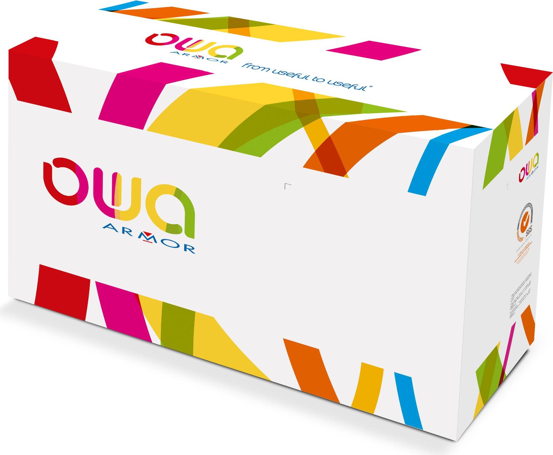 White box with vibrant multicolored geometric patterns, labeled "OWA ARMOR," containing a compatible black toner cartridge, emphasizing a modern and colorful design.