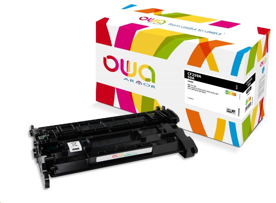 Black toner cartridge with a plastic body, featuring a green label, placed in front of a colorful, geometric-patterned box labeled "Armor" and "K18650OW."