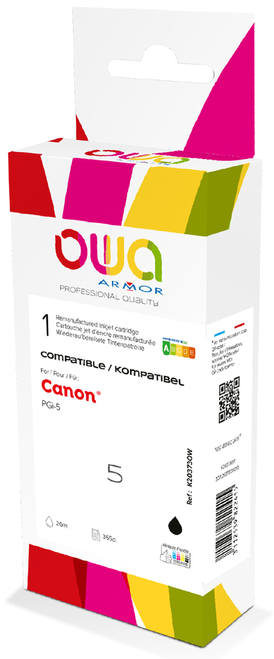 Compatible ink cartridge by Armor in cyan, magenta, and yellow, featuring a colorful packaging design with bold geometric shapes and clear labeling for Canon printers.