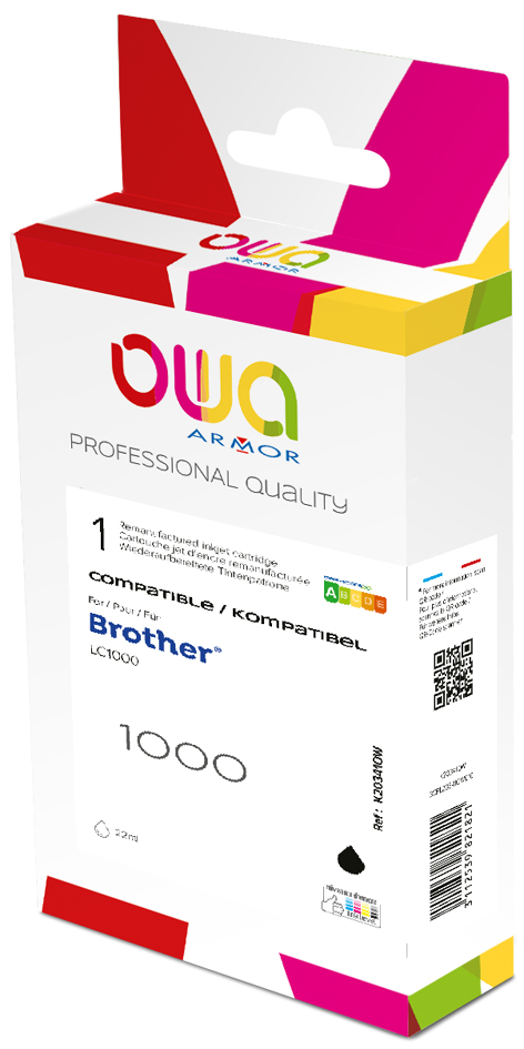 Black ink cartridge packaging with colorful accents, labeled "Armor K20780OW," compatible with Brother printers, featuring a clear product description and barcode.