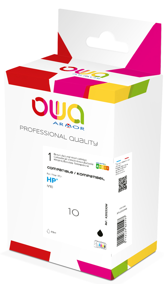 Cyan ink cartridge packaging with a colorful design featuring the "OWA" logo, labeled as compatible with HP printers, and includes details about the product's quality and quantity.