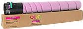 Magenta toner cartridge in a cylindrical shape, featuring a black end cap and a light pink body, packaged in a brown box with colorful branding.