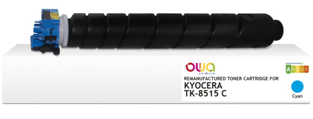 Cyan toner cartridge with a black cylindrical body and a blue connector, labeled "OWA Armor" and compatible with Kyocera TK-8515 C.