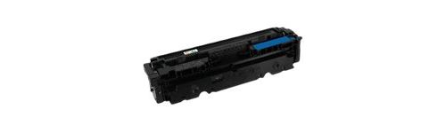 Cyan toner cartridge with a black casing, featuring a blue label, designed for compatibility with various printers, showcasing a sleek, rectangular shape.