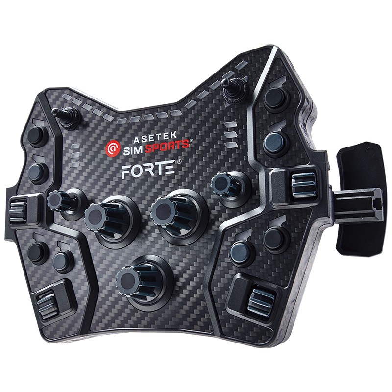 Black carbon fiber button box featuring multiple rotary knobs, buttons, and a sleek ergonomic design, ideal for sim racing enthusiasts.