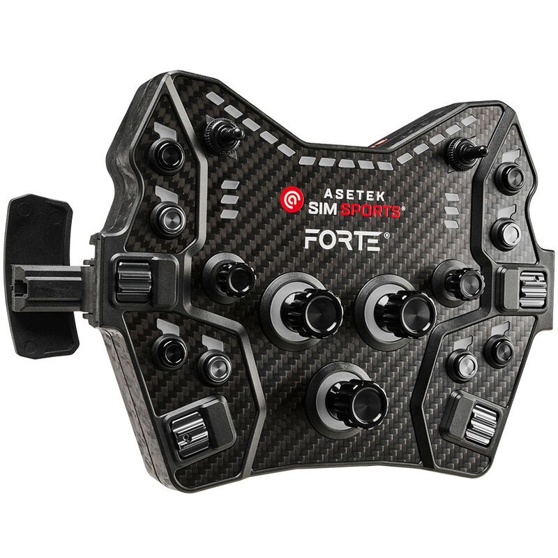 Asetek SimSports Forte GT Button Box V2 features a sleek black carbon fiber design with orange accents, multiple knobs, and buttons for customizable controls.