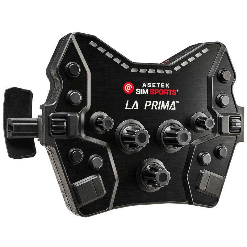 Asetek SimSports La Prima GT Button Box V2 features a sleek black and gray design with multiple adjustable knobs and buttons, crafted from durable materials for sim racing.