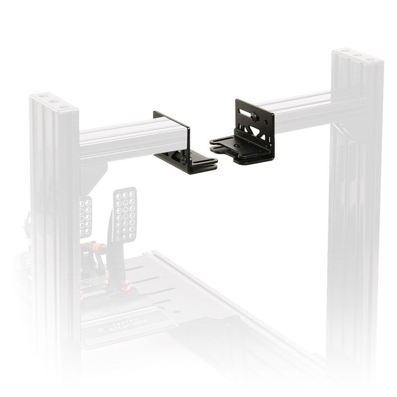 Black Asetek wheelbase mount with adjustable tilt, made of sturdy metal, designed for secure attachment to a racing simulator rig.