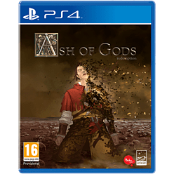 Cover art for "Ash of Gods: Redemption" featuring a character in a red cloak, disintegrating into dark particles against a brown and gray background, with PS4 branding and age rating 16.