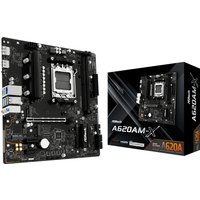 ASRock A620AM-X motherboard, black micro ATX, AMD A620 Socket AM5, with multiple slots and ports, next to packaging.