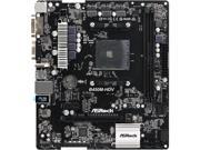 Black micro ATX motherboard featuring an AMD B450 socket, with multiple ports including HDMI, USB, and audio connectors, and a sleek, compact design.