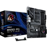 ASRock B550 PG Riptide ATX motherboard with black PCB, heatsinks, and blue accents, next to branded packaging.