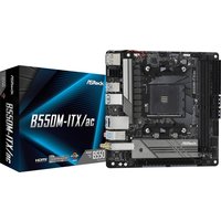 ASRock B550M-ITX/ac mini ITX motherboard, black with silver heatsinks, next to its blue and black packaging box.
