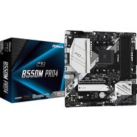 ASRock B550M Pro4 micro ATX motherboard with black PCB, silver heatsinks, and four RAM slots next to product box.