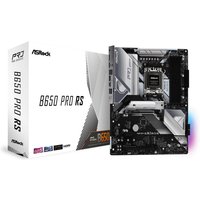 ASRock B650 Pro RS ATX motherboard with black and silver design, featuring multiple slots and ports, next to its box.