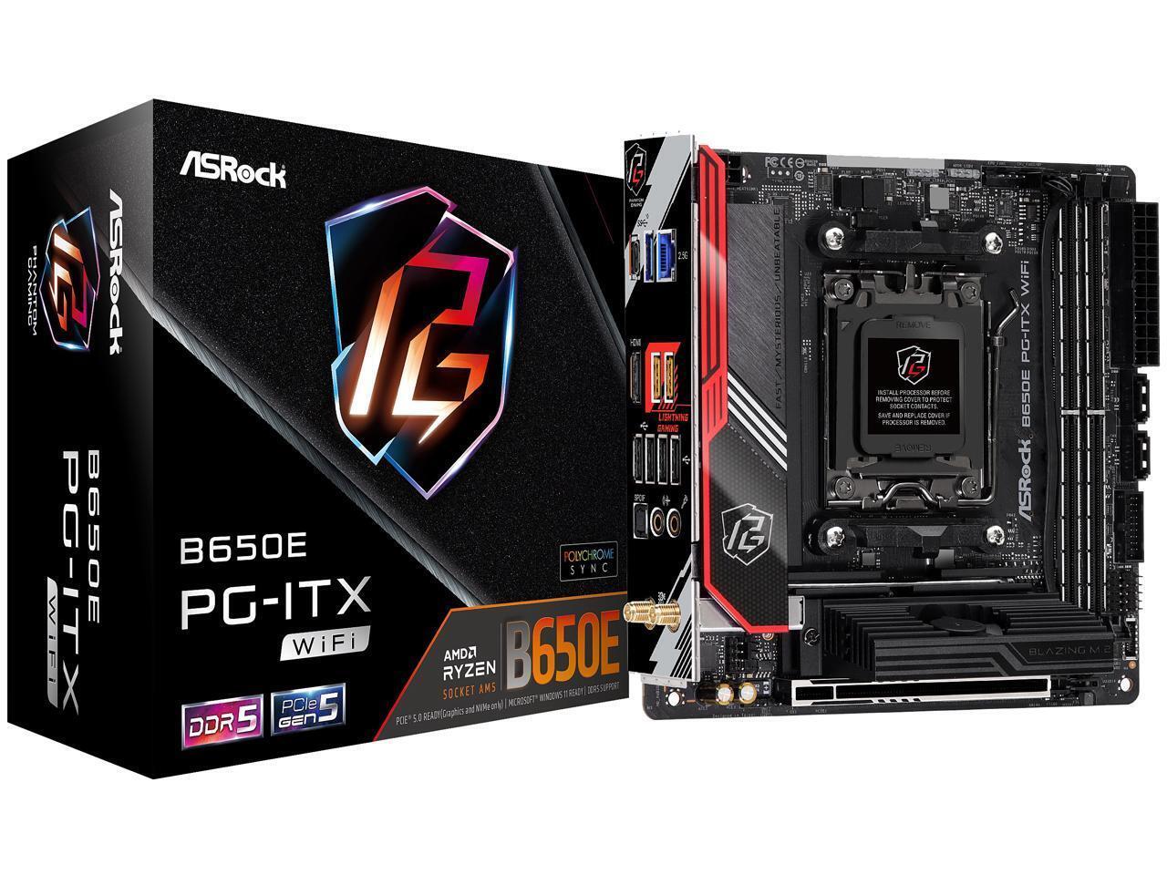 Black Mini ITX motherboard with red and silver accents, featuring an AMD B650 socket, WiFi capability, DDR5 support, and customizable RGB lighting.