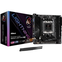 ASRock B650I Lightning WiFi mini ITX motherboard with black PCB, silver accents, and dual antennas.