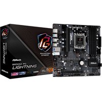 ASRock B650M PG Lightning micro ATX motherboard with black PCB, silver heatsinks, and multiple ports, next to its box.