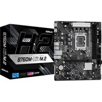 ASRock B760M-H2/M.2 micro ATX motherboard, black with silver accents, next to its branded black and silver box.