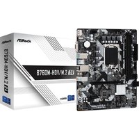 ASRock B760M-HDV/M.2 D4 micro ATX motherboard, black and silver with multiple slots and ports, next to branded box.