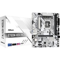 ASRock B760M-HDV/M.2 motherboard, micro ATX, LGA 1700 socket, black and silver circuitry, with packaging box.