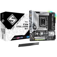 ASRock B760M Steel Legend WiFi micro ATX motherboard, silver and black design, with box and antennas.