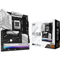 ASRock B850 Pro RS motherboard with silver heatsinks, black PCB, and RGB lighting, next to branded packaging.