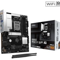 ASRock B850 Rock WiFi 7 ATX motherboard, black with silver accents, 4 DDR5 slots, AM5 socket, includes antenna.