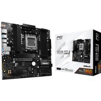 ASRock B850M Pro-A micro ATX motherboard, black with silver accents, featuring multiple slots and ports, next to packaging.