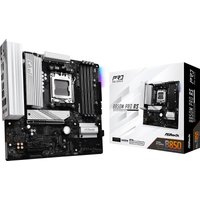 ASRock B850M Pro RS micro ATX motherboard with silver heatsinks, black PCB, and accompanying product box.