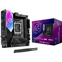 ASRock B860I Lightning WiFi mini ITX motherboard with black PCB, RGB accents, and dual antennas, next to its box.