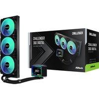 ASRock Challenger 360 liquid cooling kit, black with three RGB fans, digital display, and sleek radiator design.