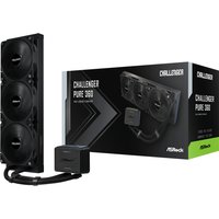 ASRock Challenger Pure 360 liquid cooling kit, black, with three 12 cm fans and sleek radiator, in branded packaging.