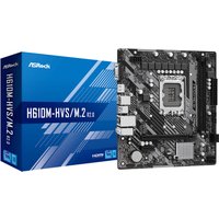 ASRock H610M-HVS/M.2 R2.0 micro ATX motherboard with black PCB, silver heatsinks, and blue packaging.