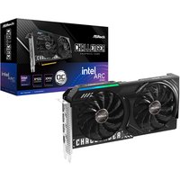 ASRock Intel Arc B580 Challenger graphics card with dual fans, black casing, and green LED accents, 12GB GDDR6.